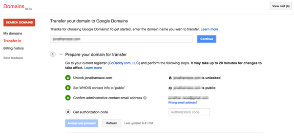 Google.Transfer Domain Name to Reg Names